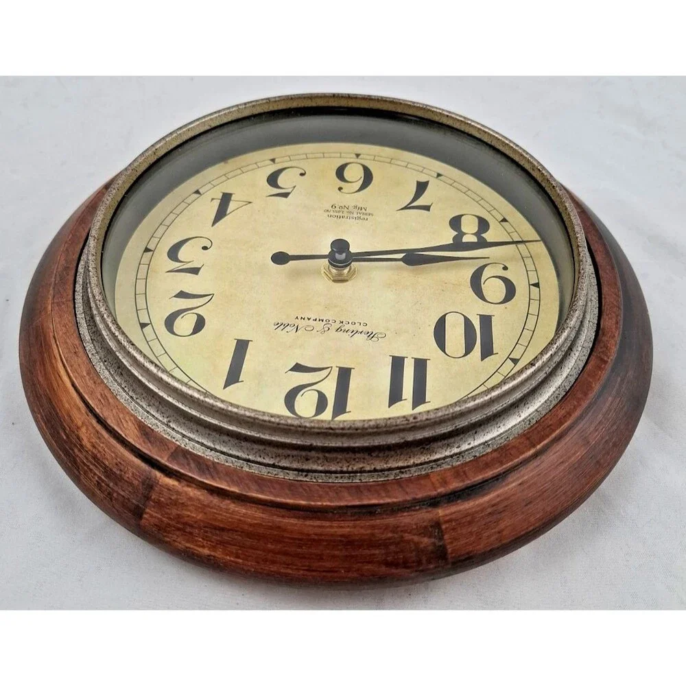 Sterling & Noble Round Wall Clock 9” Dark Walnut Frame Metal Case Excellent